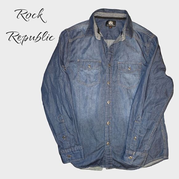 Rock Republic Blue Denim Blouse Medium (BL3) - Picture 2 of 7